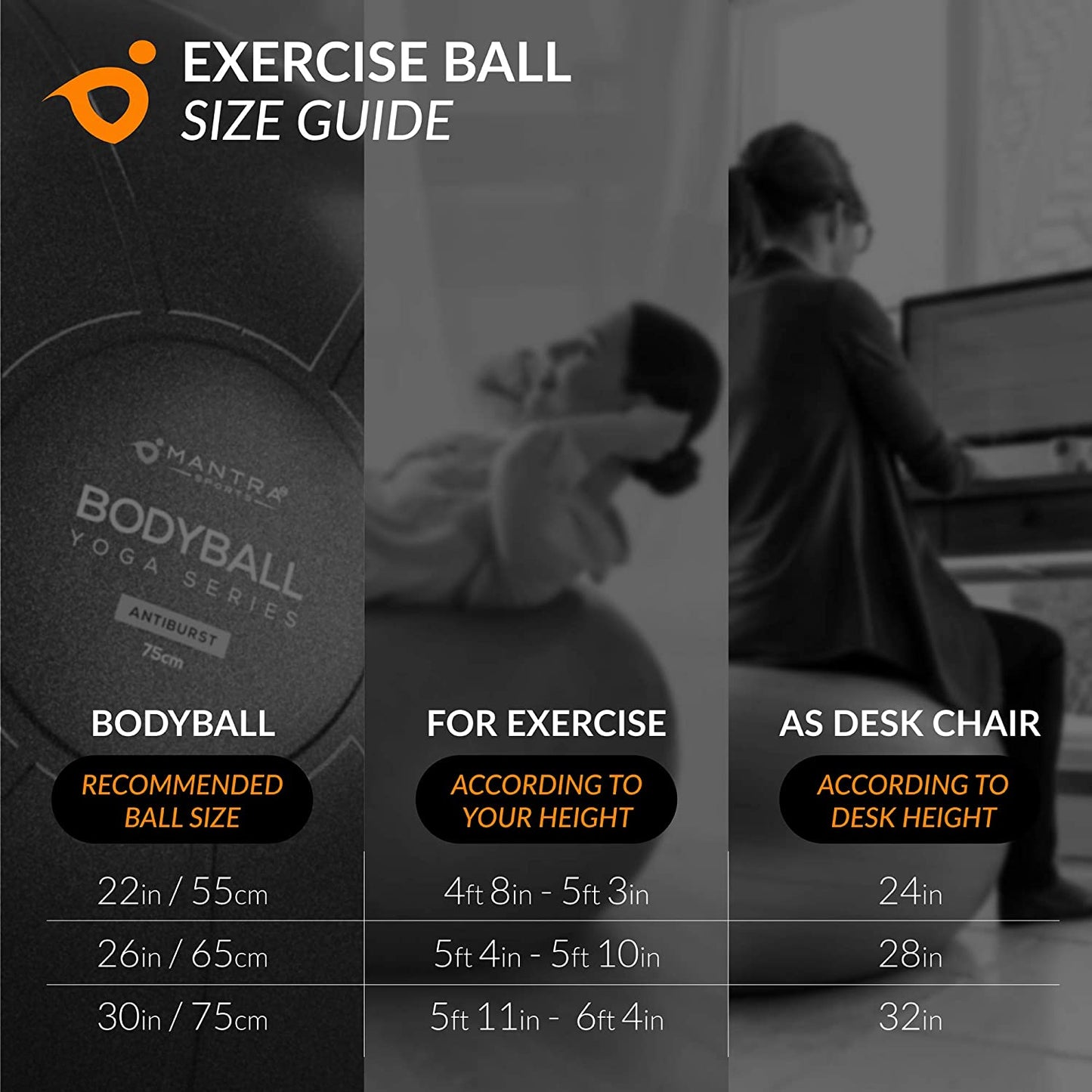 Professional Exercise Ball and Yoga Chair for Fitness, Stability, Pilates, Pregnancy, and Therapy - Available in 55Cm, 65Cm, and 75Cm - Extra Thick, Anti-Burst, Non-Slip Gym Quality Balance Ball with Pump and Guide